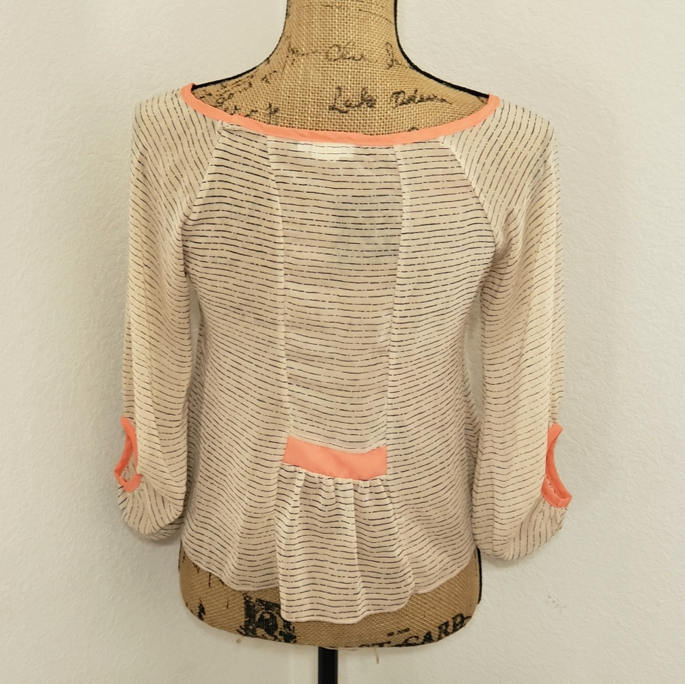January 7 Semi sheer tan  navy and orange cinch detail cool sleeves Small - Picture 4 of 7
